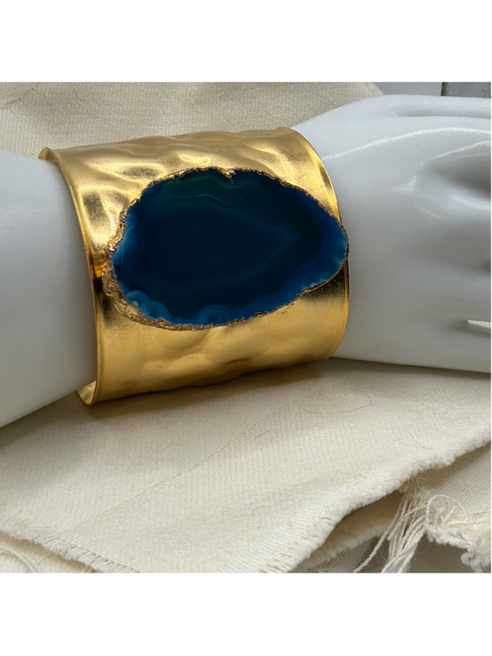 Source unknown Jewelry - Blue Dyed Agate Slice Gold Tone Statement Cuff Bracelet Boho
